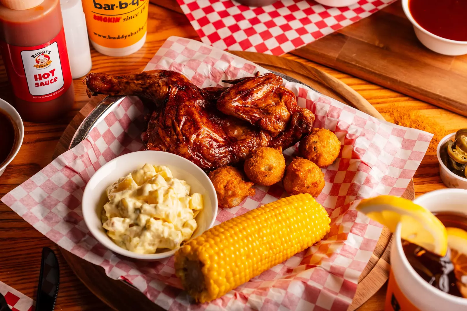 half bbq chicken meal at buddy's